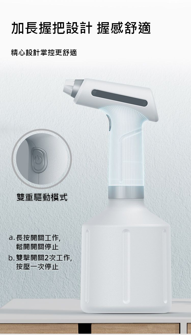 加長握把設計 握感舒適,精心設計掌控更舒適,雙重驅動模式,a.長按開關工作,鬆開開關停止,b.雙擊開關2次工作,按壓一次停止。