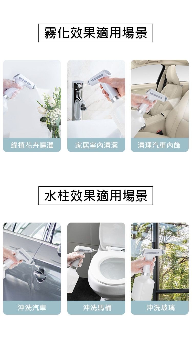 霧化效果適用場景,綠植花卉噴灌,沖洗汽車,家居室內清潔,水柱效果適用場景,清理汽車內飾,沖洗馬桶,沖洗玻璃。