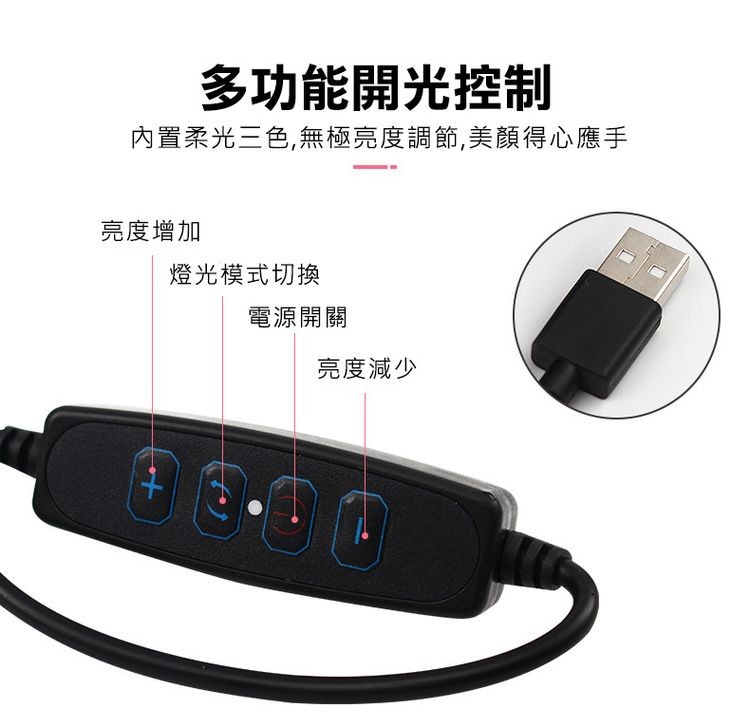 多功能開光控制，內置柔光三色,無極亮度調節,美顏得心應手，亮度增加，燈光模式切換，電源開關，亮度減少。