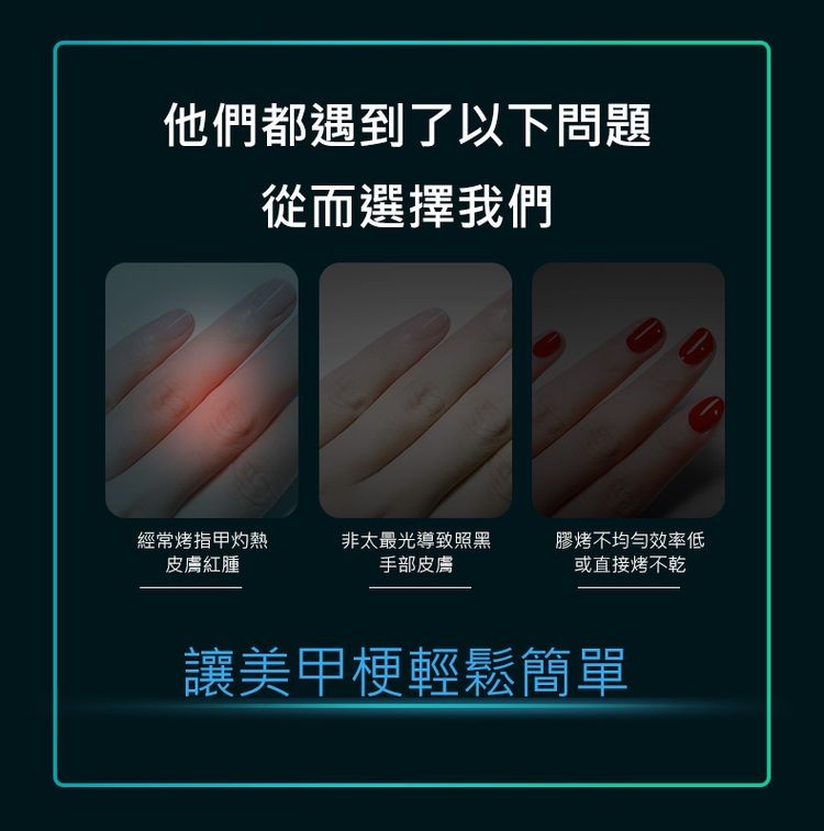 他們都遇到了以下問題,從而選擇我們,經常烤指甲灼熱,皮膚紅腫,非太最光導致照黑,手部皮膚,讓美甲梗輕鬆簡單,膠烤不均勻效率低,或直接烤不乾。