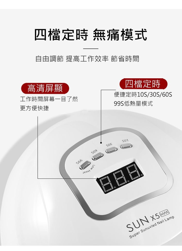 四檔定時 無痛模式,自由調節 提高工作效率 節省時間,高清屏顯,工作時間屏幕一目了然,更方便快捷,四檔定時,便捷定時10S/30/60S,99S低熱量模式。