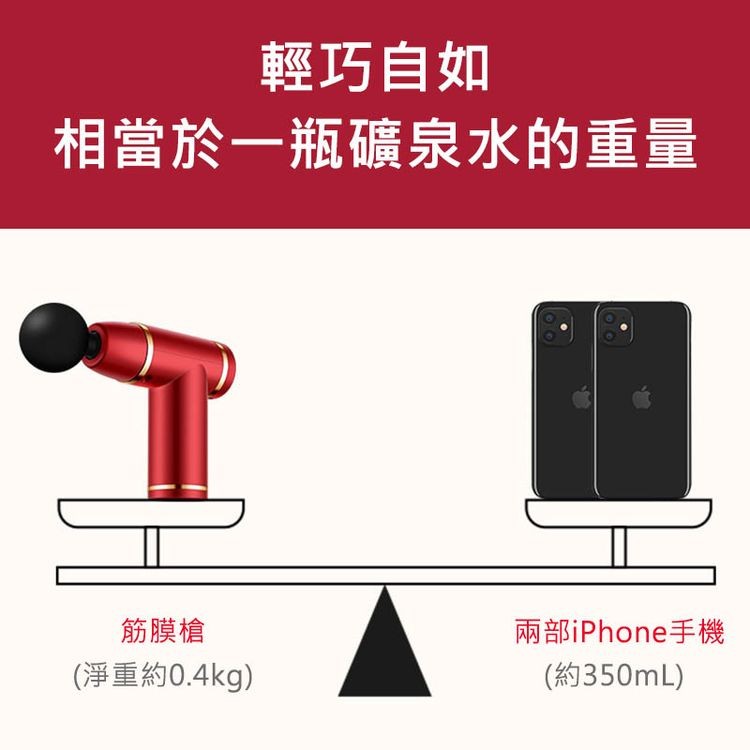 輕巧自如，相當於一瓶礦泉水的重量，筋膜槍，(淨重約0.4kg)，兩部iPhone手機，(約350mL)。