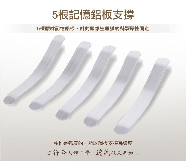 5根記憶鋁板支撐，5根腰線記憶鋁板,針對腰部生理弧度科學彈性固定，腰椎是弧度的,所以鋼板支撐為弧度，更符合人體工學,透氣效果更加!。