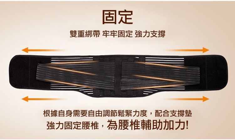 雙重綁帶 牢牢固定 強力支撐，根據自身需要自由調節鬆緊力度,配合支撐墊，強力固定腰椎,為腰椎輔助加!。