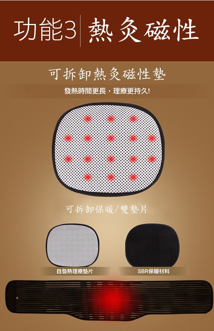 功能3 熱灸磁性，可拆卸熱灸磁性墊，發熱時間更長,理療更持久!可拆卸保暖/雙墊片，自發熱理療墊片，SBR保暖材料。