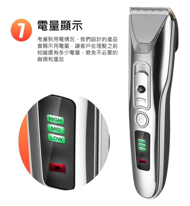 電量顯示,考慮到用電情況,我們設計的產品,會顯示用電量,讓客戶在理髮之前,知道還有多少電量,避免不必要的,麻煩和尷尬。
