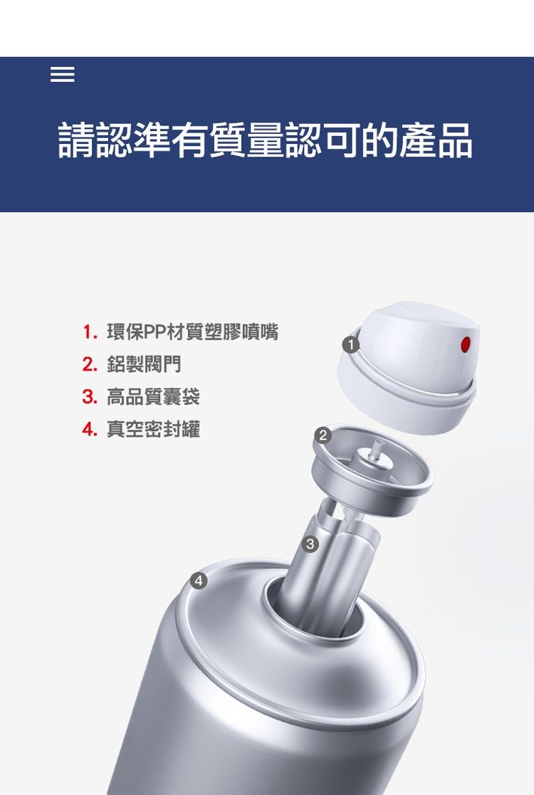 請認準有質量認可的產品，1. 環保PP材質塑膠噴嘴，2. 鋁製閥門，3. 高品質囊袋，4. 真空密封罐。