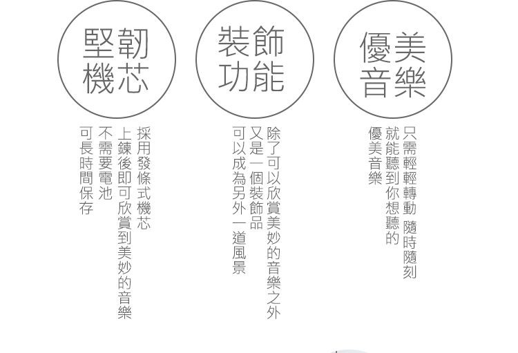 美樂 只需輕輕轉動 隨時隨刻，就能聽到你想聽的，優美音樂，除了可以欣賞美妙的音樂之外，又是一個裝飾品，可以成為另外一道風景，採用發條式機芯，上鍊後即可欣賞到美妙的音樂，不需要電池，可長時間保存。