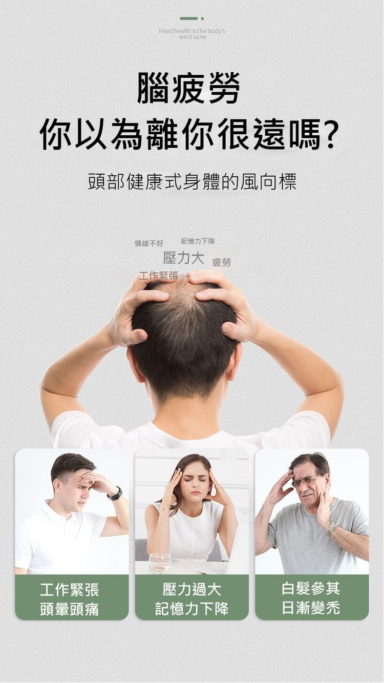 腦疲勞，你以為離你很遠嗎?頭部健康式身體的風向標，工作緊張，頭暈頭痛，情緒不好 記憶力下降，壓力大 疲勞，工作緊張，壓力過大，記憶力下降，白髮參其，日漸變禿。