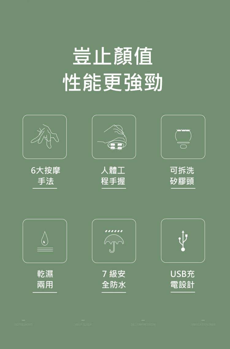 6大按摩，豈止顏值，性能更強勁，人體工，程手握，7級安，全防水，可拆洗，矽膠頭，USB充，電設計。