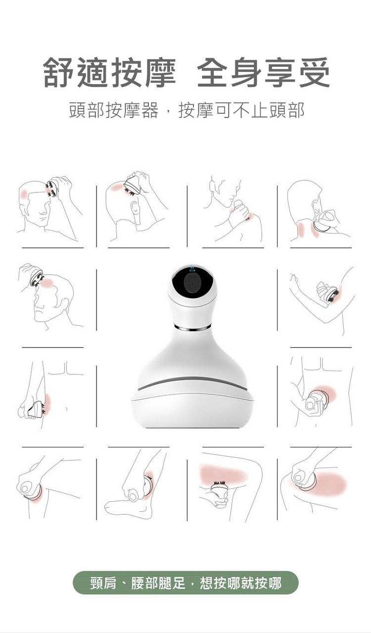 舒適按摩 全身享受，頭部按摩器,按摩可不止頭部，頸肩、腰部腿足,想按哪就按哪。