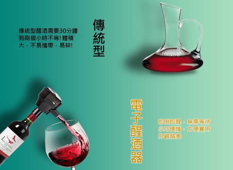 傳統型醒酒需要30分鐘，到兩個小時不等!體積，大,不易攜帶,易碎!傳統型，電子醒酒器，即倒即醒。無需等待，小巧便攜。方便實用，外觀精美。