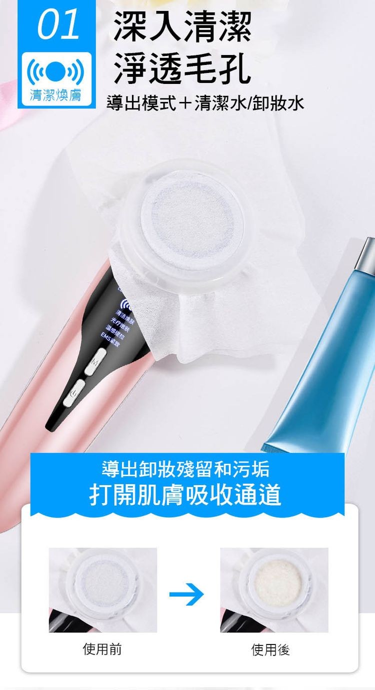 01 深入清潔，淨透毛孔，導出模式+清潔水/卸妝水，清潔煥膚，清洁焕肤，光疗嫩肤，温感提拉，EMS紧致，導出卸妝殘留和污垢，打開肌膚吸收通道，使用前，使用後。