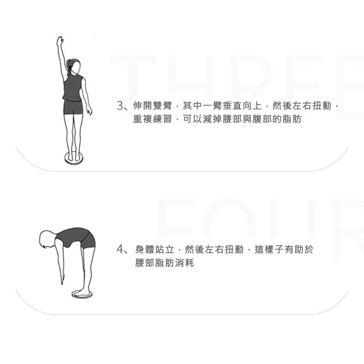 3、伸開雙臂,其中一臂垂直向上,然後左右扭動,重複練習,可以減掉腰部與腹部的脂肪，4、身體站立,然後左右扭動,這樣子有助於，腰部脂肪消耗。