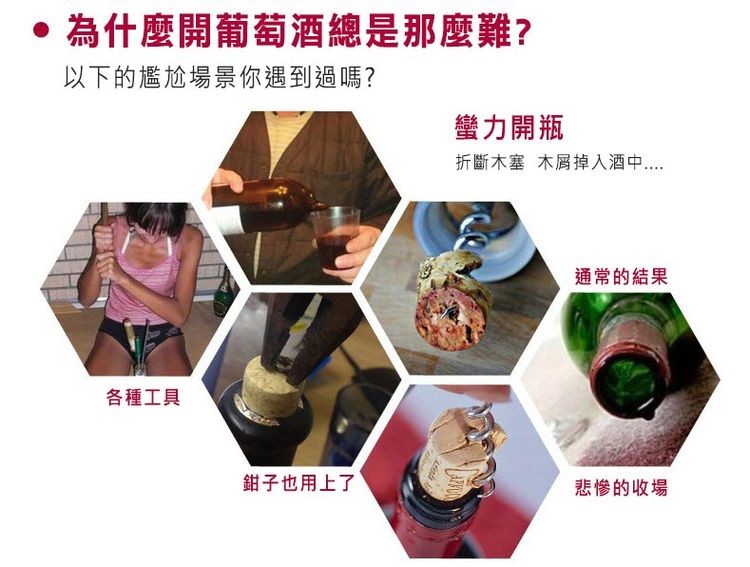 為什麼開葡萄酒總是那麼難?以下的尷尬場景你遇到過嗎?各種工具，鉗子也用上了，蠻力開瓶，折斷木塞 木屑掉入酒中.....通常的結果，悲慘的收場。