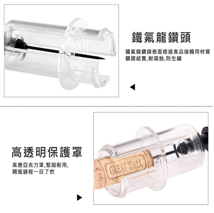 高透明保護罩，高透亞克力罩,堅固耐用,開瓶過程一目了然，鐵氟龍鑽頭，鐵氟龍鑽頭表面經過食品接觸用材質，鑽頭結實,耐腐蝕,防生鏽。