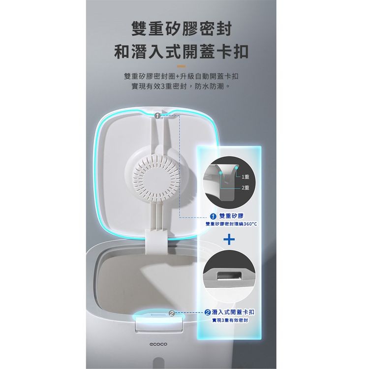 雙重矽膠密封，和潛入式開蓋卡扣，雙重矽膠密封圈+升級自動開蓋卡扣，實現有效3重密封,防水防潮。雙重矽膠，雙重矽膠密封環繞360C，②潛入式開蓋卡扣，實現3有效密封。