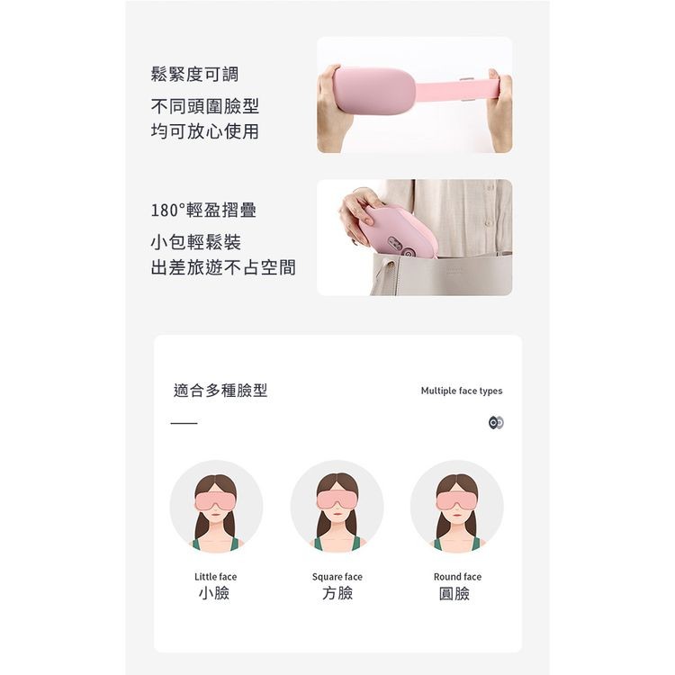 鬆緊度可調，不同頭圍臉型，均可放心使用，180°輕盈摺疊，小包輕鬆裝，出差旅遊不占空間，適合多種臉型。