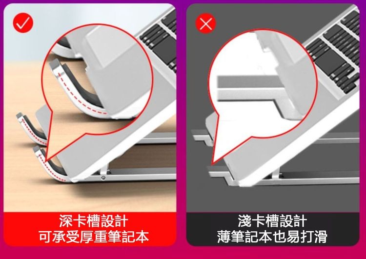 深卡槽設計，可承受厚重筆記本，淺卡槽設計，薄筆記本也易打滑。