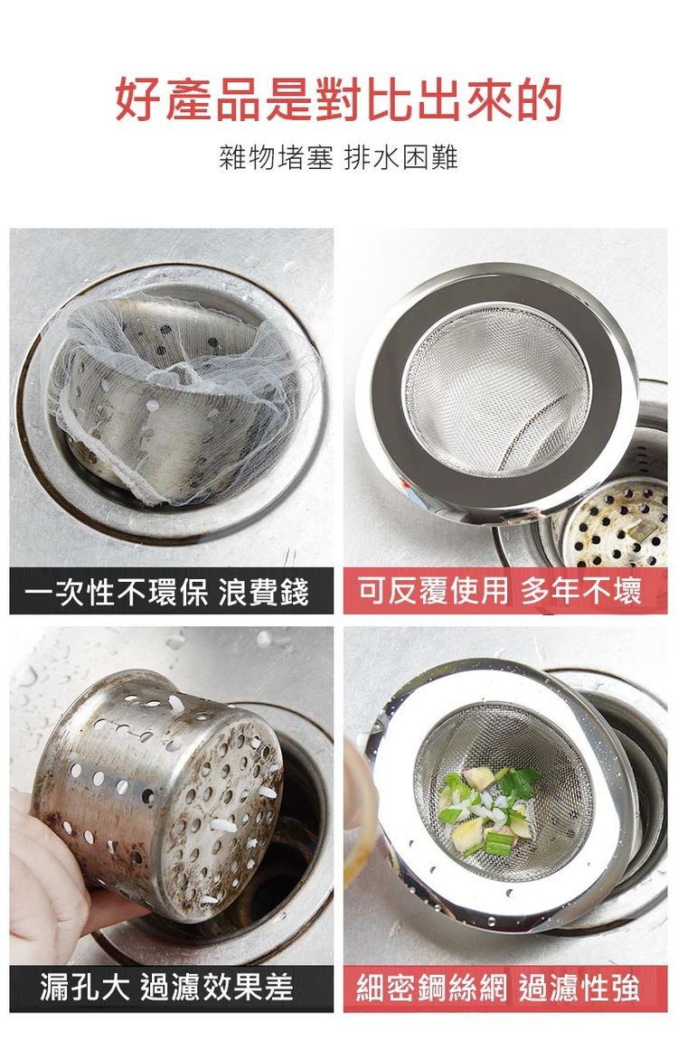 好產品是對比出來的,雜物堵塞 排水困難,一次性不環保 浪費錢 可反覆使用 多年不壞,漏孔大 過濾效果差,細密鋼絲網 過濾性強。