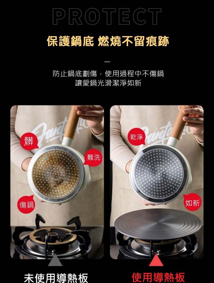 【傷鍋】，保護鍋底 燃燒不留痕跡，防止鍋底劃傷,使用過程中不傷鍋，讓愛鍋光滑潔淨如新，未使用導熱板，使用導熱板。