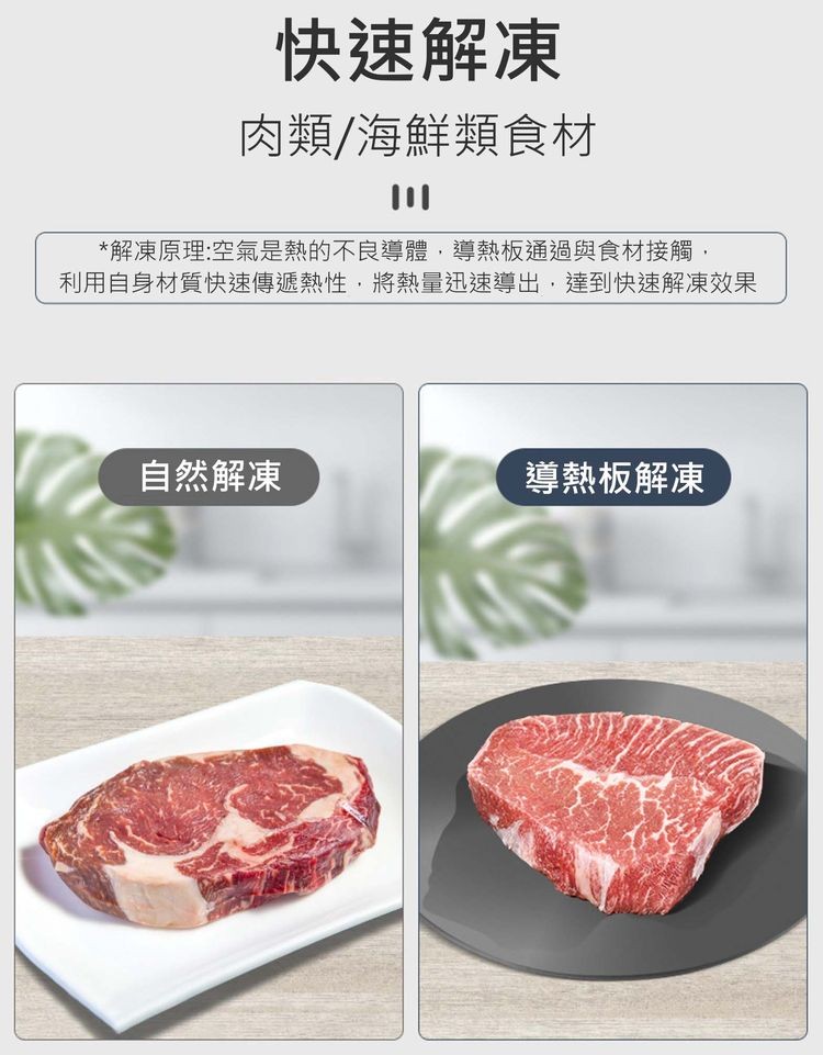 快速解凍，肉類/海鮮類食材，解凍原理:空氣是熱的不良導體,導熱板通過與食材接觸,利用自身材質快速傳遞熱性,將熱量迅速導出,達到快速解凍效果，自然解凍，導熱板解凍。