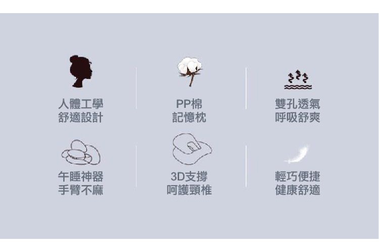 人體工學，舒適設計，午睡神器，手臂不麻，PP棉，記憶枕，3D支撐，呵護頸椎，雙孔透氣，呼吸舒爽，輕巧便捷，健康舒適。