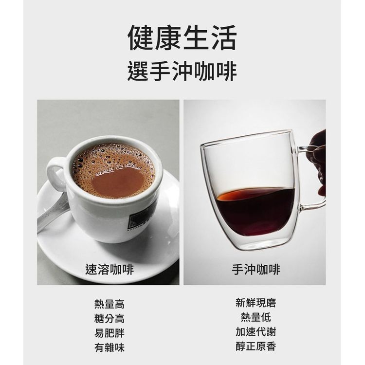 健康生活，選手沖咖啡，速溶咖啡，熱量高，糖分高，易肥胖，有雜味，手沖咖啡，新鮮現磨，熱量低，加速代謝，醇正原香。