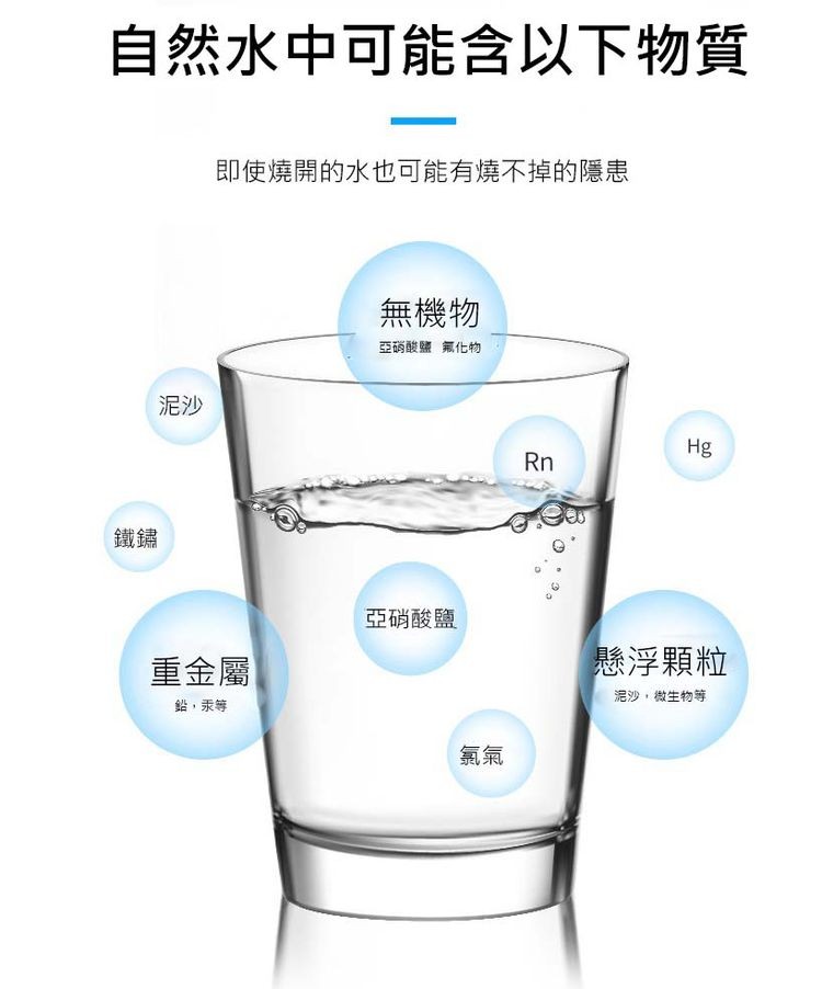 自然水中可能含以下物質，即使燒開的水也可能有燒不掉的隱患，無機物，亞硝酸鹽 氟化物，重金屬，鉛汞等，亞硝酸鹽，懸浮顆粒，泥沙,微生物等。