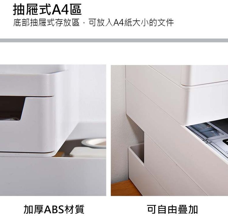 抽屜式A4區，底部抽屜式存放區,可放入A4紙大小的文件，加厚ABS材質，可自由疊加。