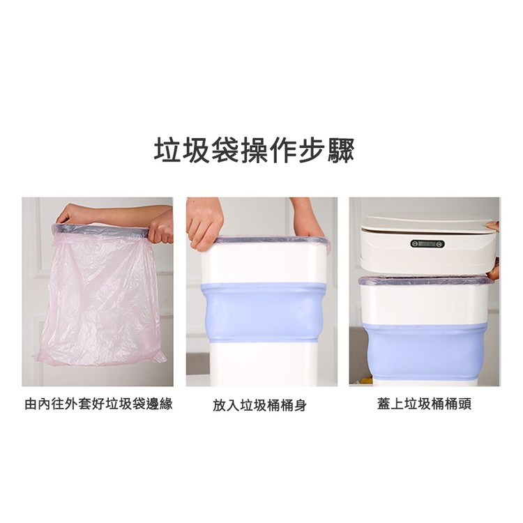 垃圾袋操作步驟，由內往外套好垃圾袋邊緣，放入垃圾桶桶身，蓋上垃圾桶桶頭。