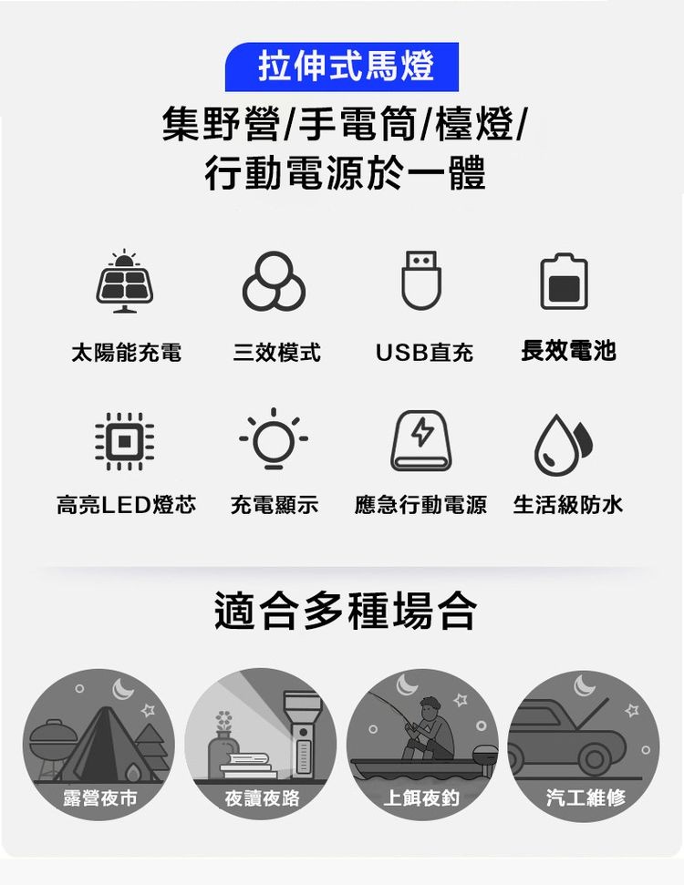 拉伸式馬燈，集野營/手電筒/檯燈/，行動電源於一體，太陽能充電，高亮LED燈芯，露營夜市，三效模式，USB直充，夜讀夜路，充電顯示 應急行動電源 生活級防水，適合多種場合，長效電池，上餌夜釣，汽工維。