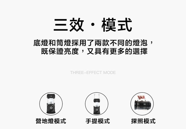 三效模式，底燈和筒燈採用了兩款不同的燈泡,既保證亮度,又具有更多的選擇，營地燈模式，手提模式，探照模式。