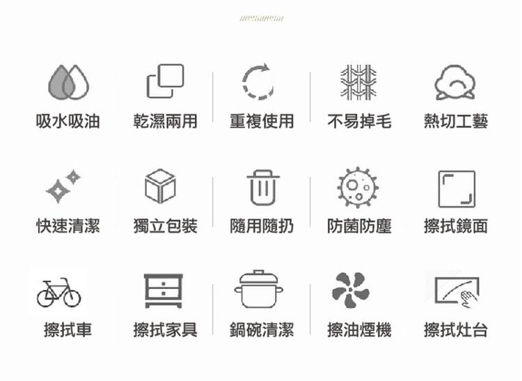 吸水吸油，快速清潔，擦拭車，乾濕兩用，獨立包裝，擦拭家具，重複使用，隨用隨扔，鍋碗清潔，不易掉毛，防菌防塵，擦油煙機，熱切工藝，擦拭鏡面，擦拭灶台。