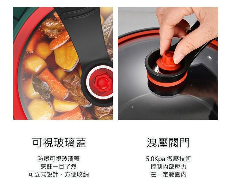 可視玻璃蓋，防爆可視玻璃蓋，烹飪一目了然，可立式設計、方便收納，洩壓閥門，5.0Kpa 微壓技術，控制內部壓力，在一定範圍內。
