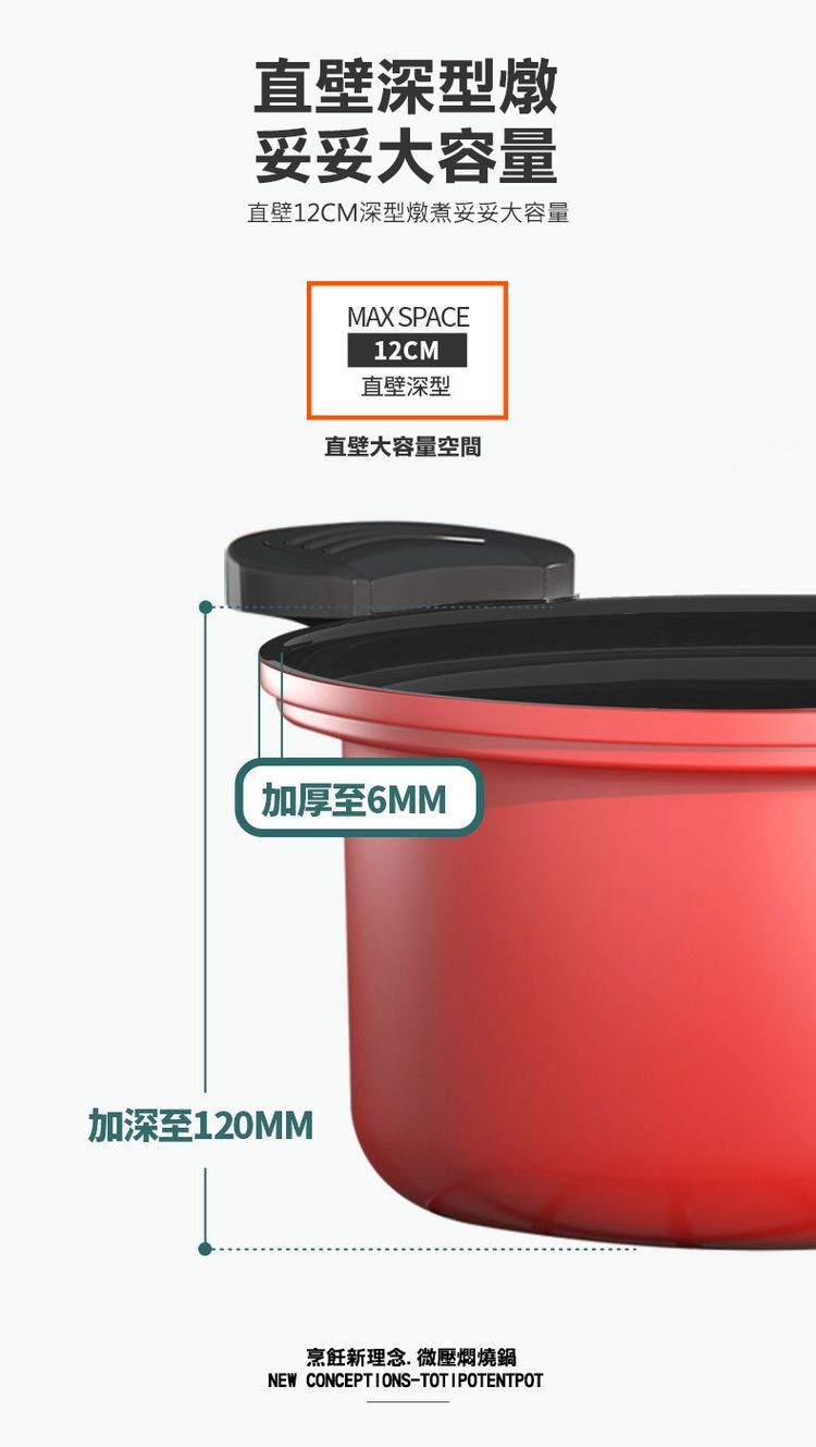 直壁深型燉，妥妥大容量，直壁12CM深型燉煮妥妥大容量，直壁深型，直壁大容量空間，加厚至6MM，加深至120MM，烹飪新理念. 微壓燜燒鍋。