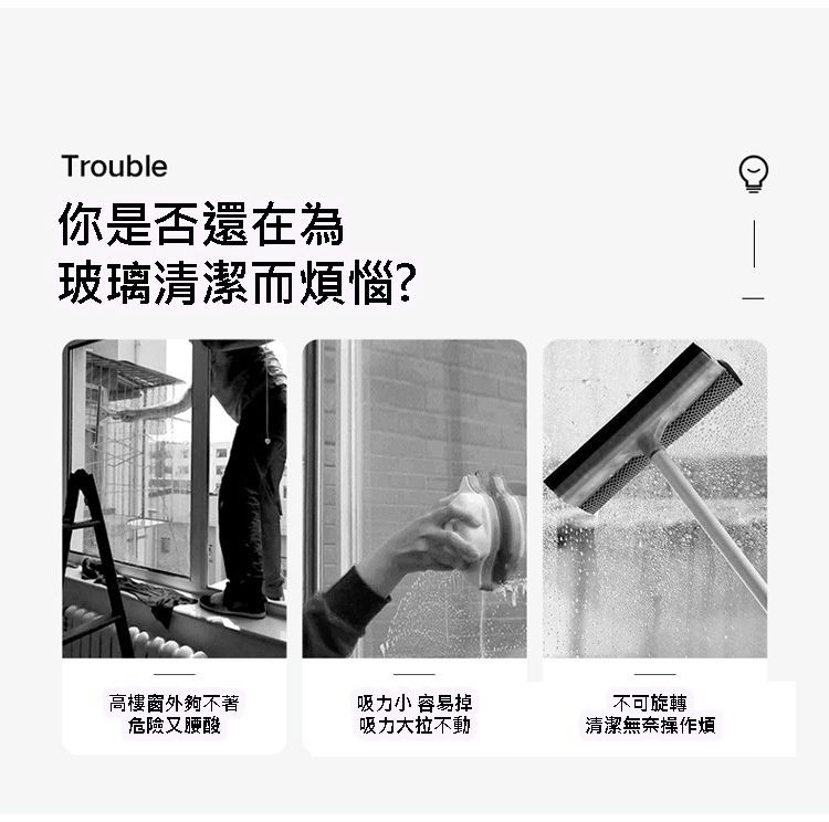 你是否還在為,玻璃清潔而煩惱?高樓窗外夠不著,危險又腰酸,吸力小容易掉,吸力大拉不動,不可旋轉,清潔無奈操作煩。