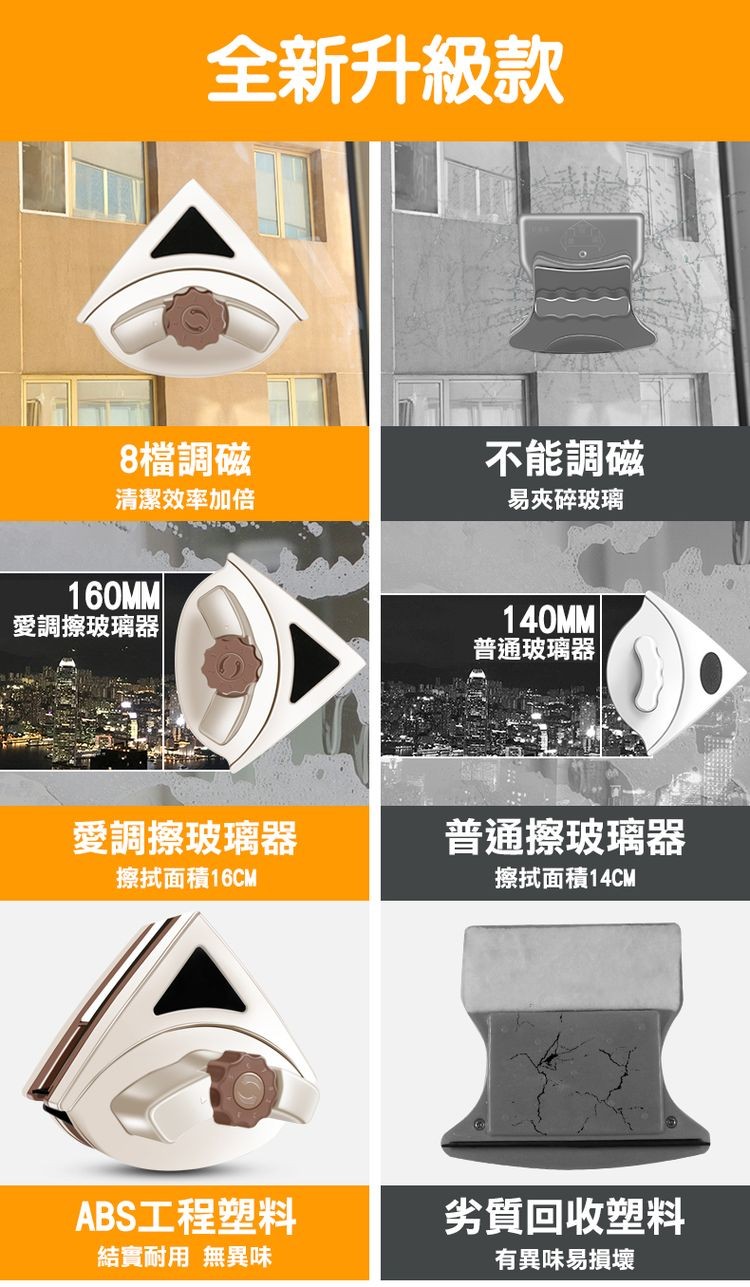全新升級款，8檔調磁，清潔效率加倍，愛調擦玻璃器，愛調擦玻璃器，擦拭面積16CM，ABS工程塑料，結實耐用 無異味，不能調磁，易夾碎玻璃，普通玻璃器，普通擦玻璃器，擦拭面積14CM，劣質回收塑料，有異味易損壞。