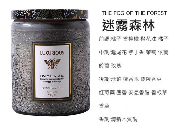 迷霧森林，前調:桃子 香檸檬 橙花油 橘子，中調:滬尾花 紫丁香 茉莉 依蘭，鈴蘭 玫瑰，後調:琥珀 檀香木 鈴陵香豆，紅莓藥 塵香 安息香脂 香根草，香調:清新木質調。