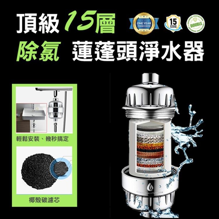 頂級75層，除氯蓮蓬頭淨水器，輕鬆安裝、幾秒搞定，椰殼碳濾芯。