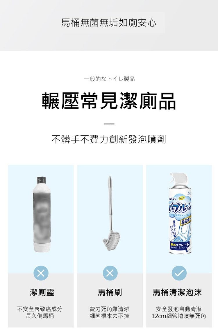 馬桶無菌無垢如廁安心,一般的なトイレ製品,輾壓常見潔廁品,不髒手不費力創新發泡噴劑,ねらって,馬桶刷,費力死角難清潔,細菌根本去不掉,潔廁靈,不安全含致癌成分,長久傷馬桶,通关法附和TLR,免洗》,斜めスプレーも,新的公共,馬桶清潔泡沫,安全發泡自動