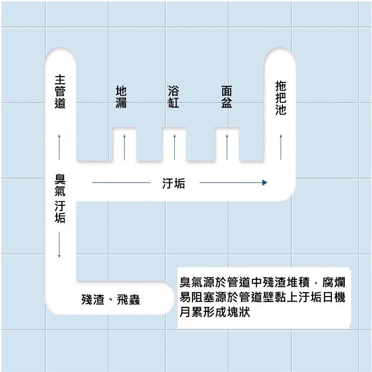 拖把池，主管道，臭氣 汙垢，臭氣源於管道中殘渣堆積,腐爛，易阻塞源於管道壁黏上汙垢日機，月累形成塊狀，殘渣、飛蟲。