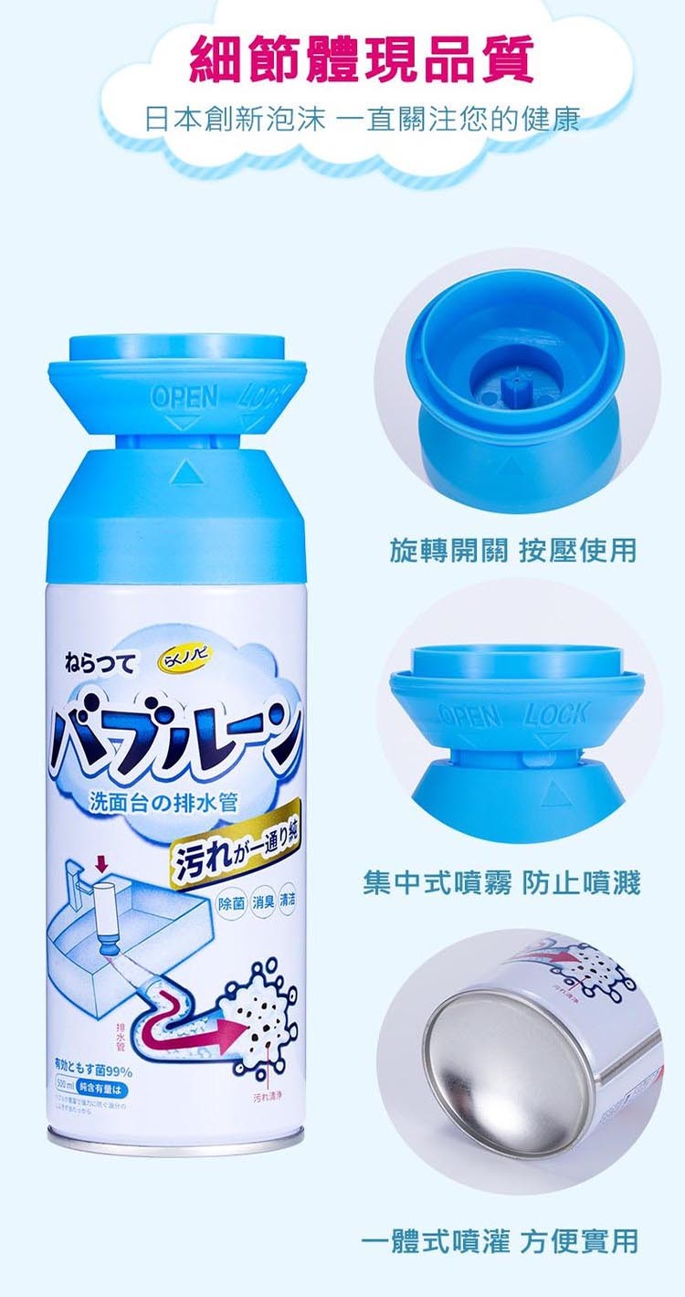 細節體現品質，日本創新泡沫 一直關注您的健康，50 化，バブルーン，洗面台の排水管，汚れが一通り，除菌消臭清，污机清淨，有效匕右寸菌99%，50ml纯含有量体，旋轉開關 按壓使用，集中式噴霧 防止噴濺，一體式噴灌 方便實用。