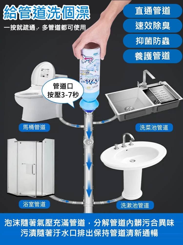 給管道洗個澡，一按就疏通,多管道都可使用，管道口，按壓3-7秒，直通管道，速效除臭，抑菌防蟲，養護管道，洗菜池管道，馬桶管道，浴室管道，洗漱池管道，泡沫隨著氣壓充滿管道,分解管道內髒污合異味，污漬隨著汗水口排出保持管道清新通暢。