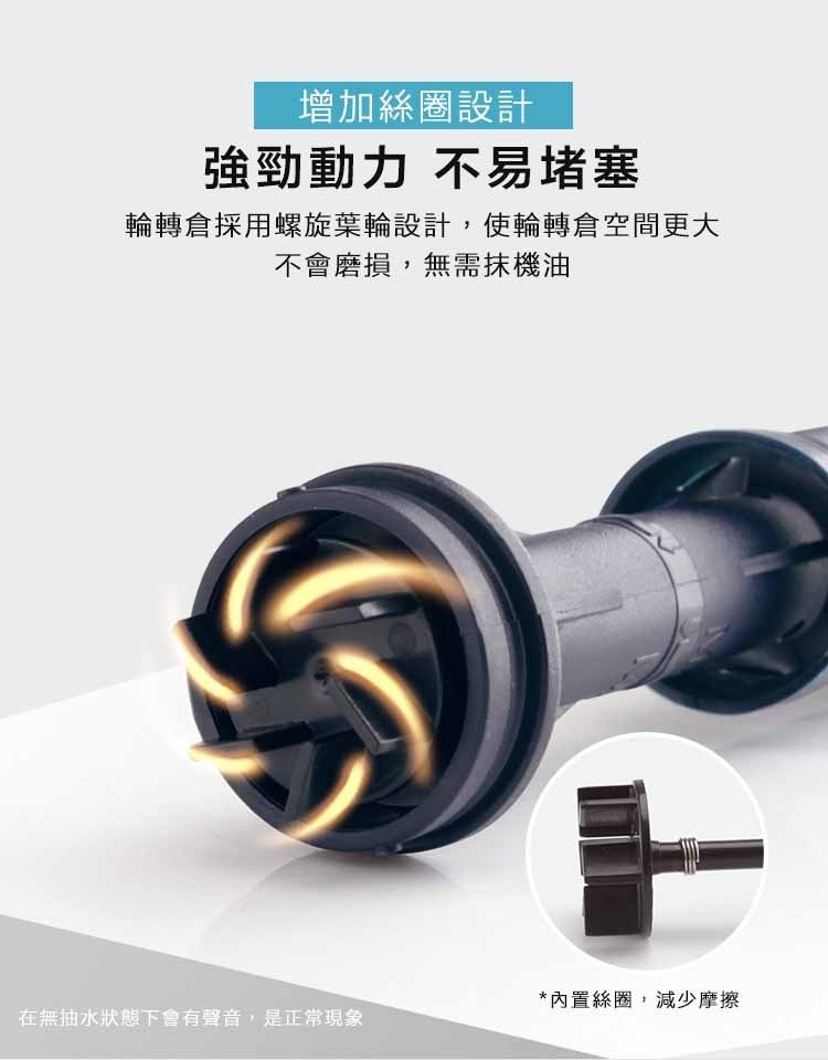 增加絲圈設計，強勁動力 不易堵塞，輪轉倉採用螺旋葉輪設計,使輪轉倉空間更大，不會磨損,無需抹機油，內置絲圈,減少摩擦，在無抽水狀態下會有聲音,是正常現象。