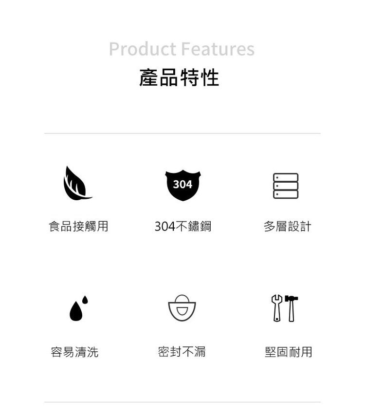 食品接觸用，容易清洗，產品特性，304不鏽鋼，密封不漏，多層設計，堅固耐用。