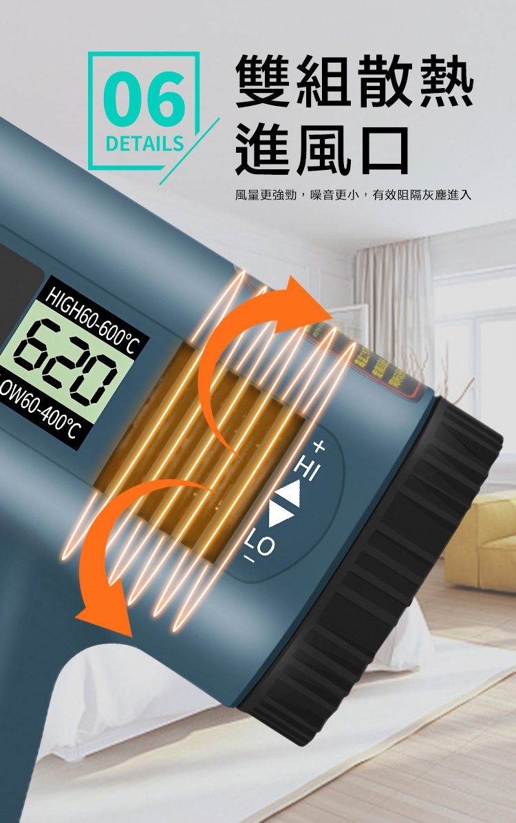 06 雙組散熱，進風口，風量更強勁,噪音更小,有效阻隔灰塵進入，HIGH60-600℃，OW60-400℃。