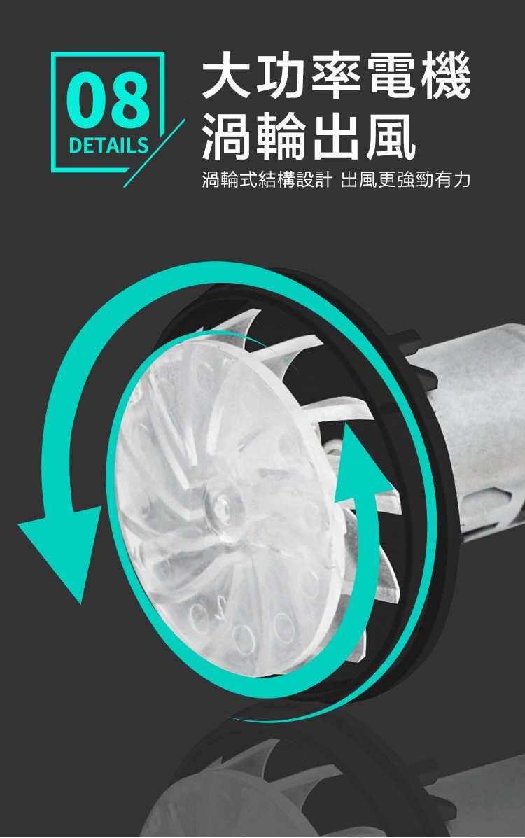 大功率電機，渦輪出風，渦輪式結構設計 出風更強勁有力。
