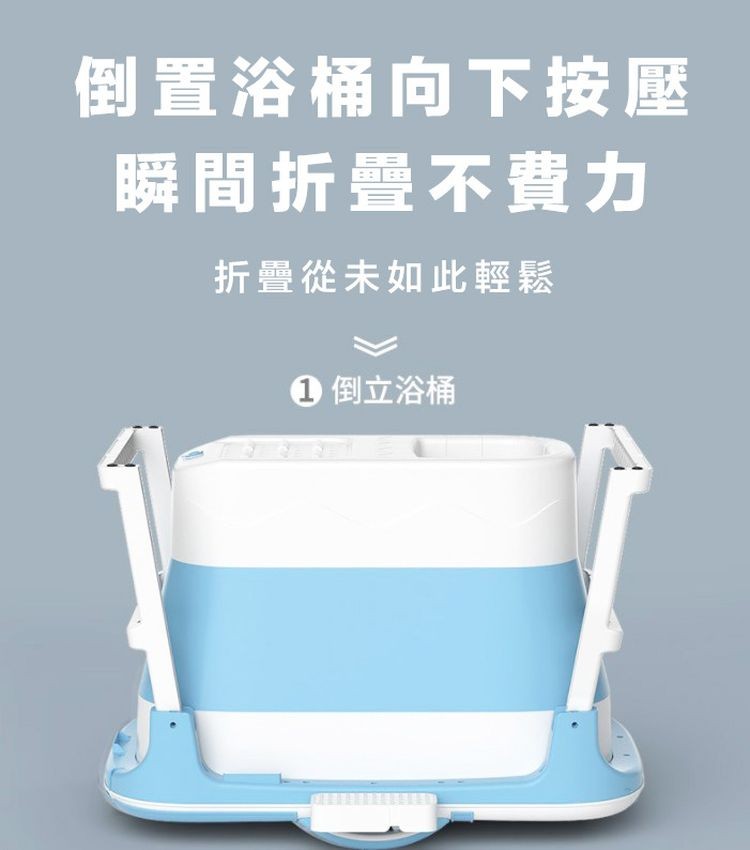 倒置浴桶向下按壓，瞬間折疊不費力，折疊從未如此輕鬆，1 倒立浴桶。