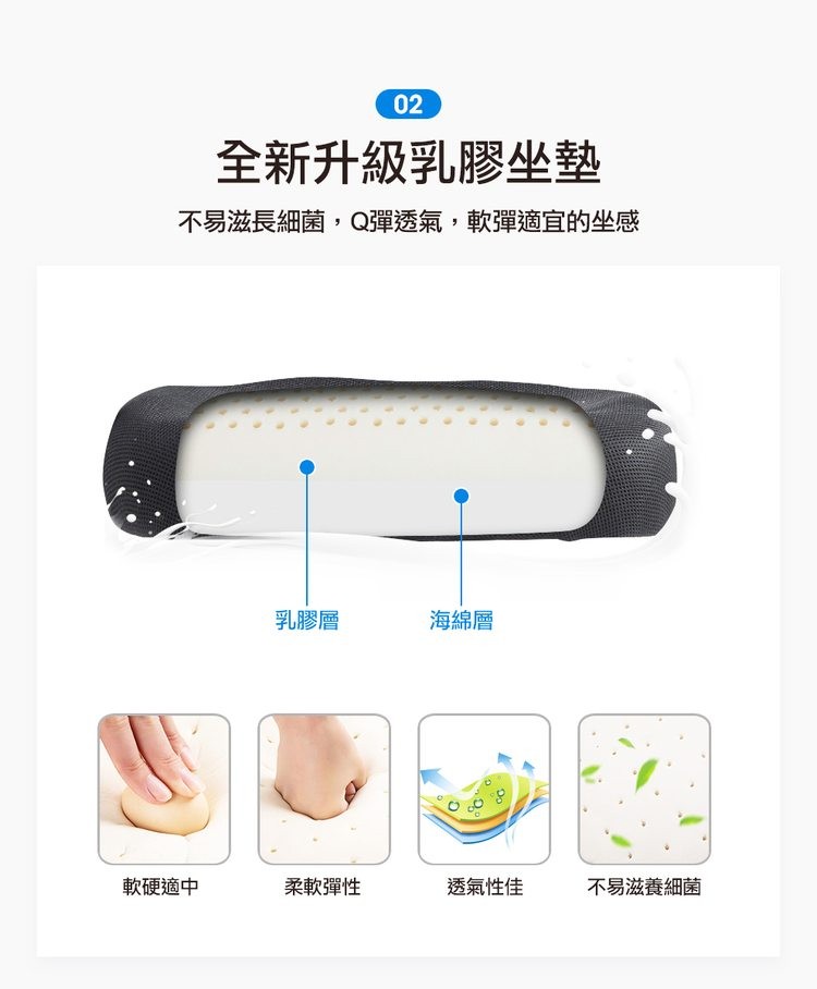 全新升級乳膠坐墊，不易滋長細菌,Q彈透氣,軟彈適宜的坐感，乳膠層，海綿層，軟硬適中，柔軟彈性，透氣性佳，不易滋養細菌。